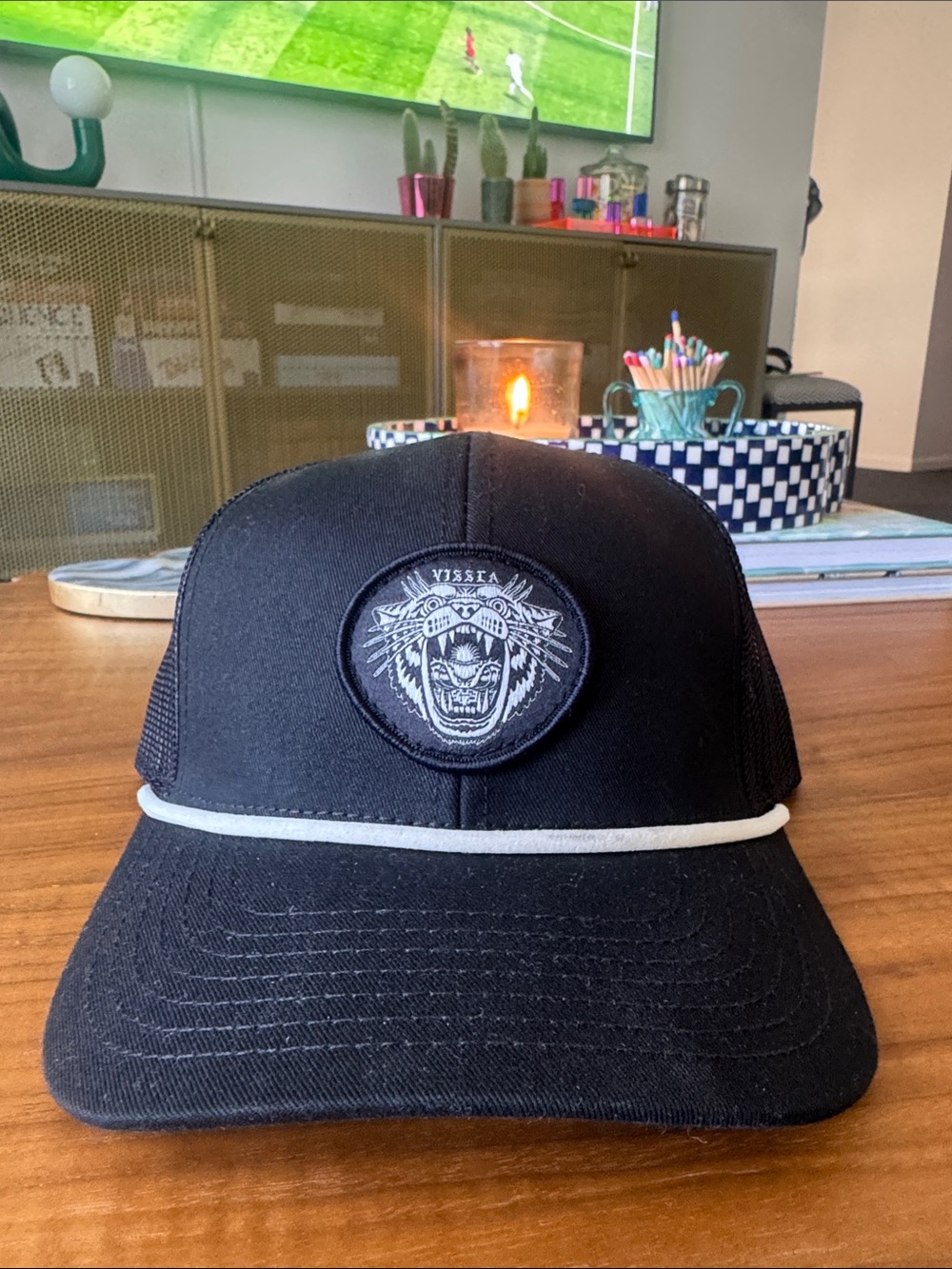 VISSLA Black Snapback Hat with Embroidered Tiger Patch and White Rope